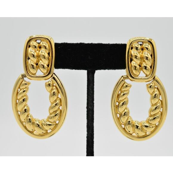 Givenchy Vintage Clip On Earrings Gold Dangle Chunky Door Knockers Signed 80s 9C - Picture 8 of 8